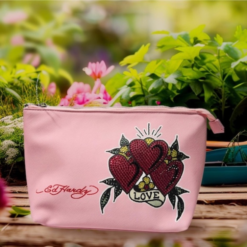 Ed Hardy “Love” With Rhinestones Cosmetic Bag | Pink